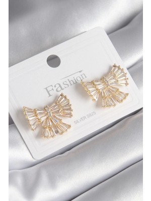 Belle Fusion Mey Ithalat® Pirinç Gold Renk Zirkon Taşlı Kurdele Model Kadın Küpe