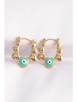 Belle Fusion Mey Ithalat® 316L Çelik Gold Renk Mavi Nazarlı Kalpli Model Küpe