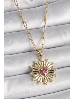 Belle Fusion Mey Ithalat® 316L Çelik Gold Renk Pembe Zirkon Taşlı Kalp Işleme Madalyon Model Kadın Kolye