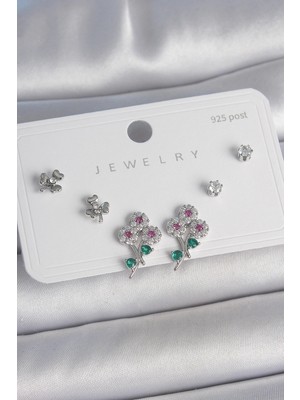 Belle Fusion Mey Ithalat® Pirinç Gümüş Renk Renkli Zirkon Taşlı Çiçek Model Yaprak Detay 925 Ayar Gümüş Çivi Kadın Küpe Seti