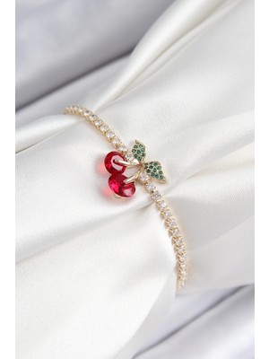 Belle Fusion Mey Ithalat® Pirinç Zirkon Taşlı Kiraz Model Gold Renk Asansörlü Kadın Bileklik