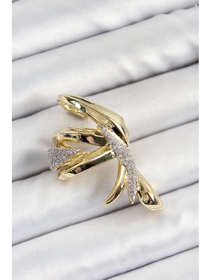 Belle Fusion Mey Ithalat® Pirinç Zirkon Taşlı Sıkıştırma Sağ Kıkırdak Gold Renk Kadın Küpe