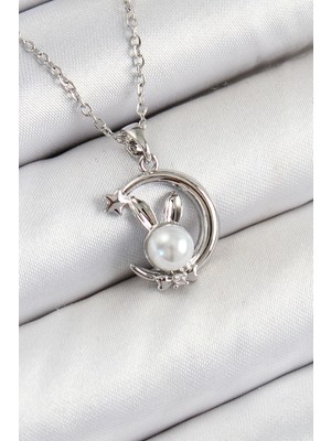 Belle Fusion Mey Ithalat® 316L Çelik Inci Detaylı Hilal Tavşan Model Gümüş Renk Kadın Kolye