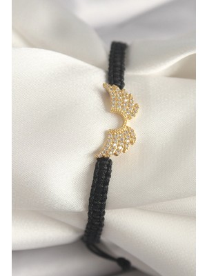 Belle Fusion Mey Ithalat® Pirinç Gold Renk Zirkon Taşlı Kanat Figür Asansörlü Makrome Model Kadın Bileklik