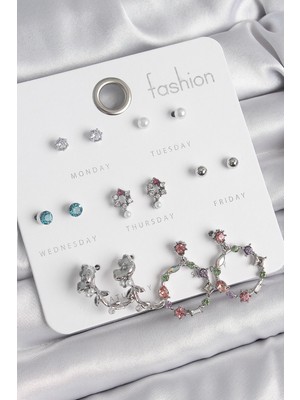 Belle Fusion Mey Ithalat® Pirinç Gümüş Renk Zirkon Taşlı Gül Figür Halka Model 7 Çift Kadın Küpe Seti