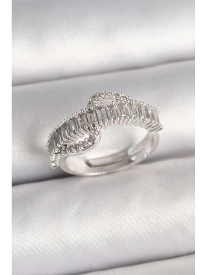 Belle Fusion Mey Ithalat® Pirinç Gümüş Renk Su Yolu Zirkon Taşlı Ayarlanabilir Model Kadın Yüzük