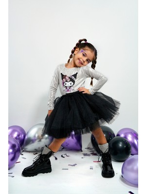 Duca Kids Parıltılı Uzun Kollu Kuromi Temalı Body Siyah ve Tül Etek 2'li Takım
