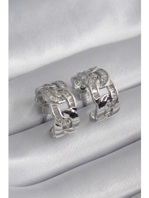 Belle Fusion Mey Ithalat® Pirinç Gümüş Renk Zirkon Taşlı Zincir Model Kadın Küpe