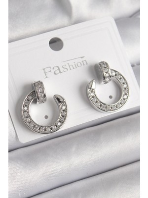 Belle Fusion Mey Ithalat® Pirinç Gümüş Renk Zirkon Taşlı Çivi Halka Model Kadın Küpe