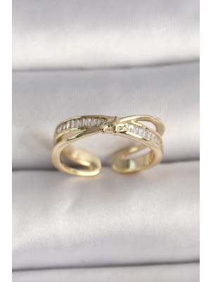 Belle Fusion Mey Ithalat® Pirinç Gold Renk Zirkon Taşlı Yıldız Detaylı Ayarlanabilir Kadın Yüzük