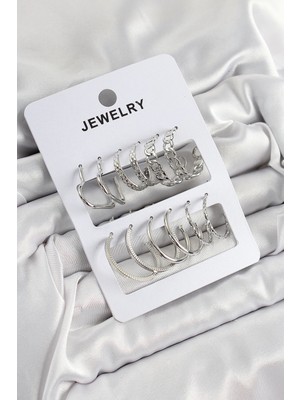 Belle Fusion Mey Ithalat® Pirinç Karışık Halka Model Gümüş Renk 6 Çift Kadın Küpe Set