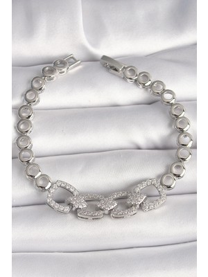 Belle Fusion Mey Ithalat® Pirinç Gümüş Renk Zirkon Taşlı Daire Zincir Model Kadın Bileklik