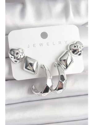 Belle Fusion Mey Ithalat® Gümüş Renk Kalp Halka Figür Ccb Plastik Kadın Küpe Seti