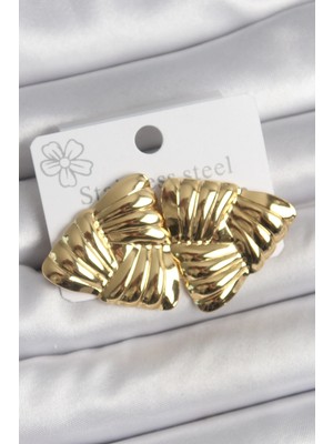 Belle Fusion Mey Ithalat® 316 Çelik Gold Renk Işlemeli Üçgen Model Kadın Küpe