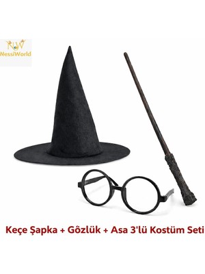 Belle Fusion Mey Ithalat® Çocuk Seti (Siyah Keçe Şapka, Asa, Gözlük)