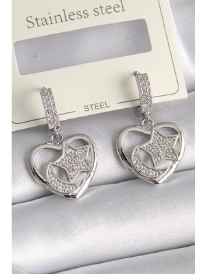 Belle Fusion Mey Ithalat® Pirinç Gümüş Renk Kalp Model Zirkon Taşlı Ay Yıldız Işlemeli Kadın Küpe