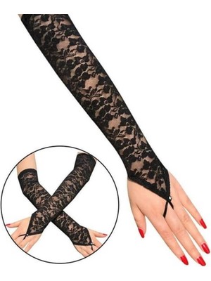 Belle Fusion Mey Ithalat® Parmak Askılı Zarif Gece Şıklığı Dantel Eldiven 40 cm