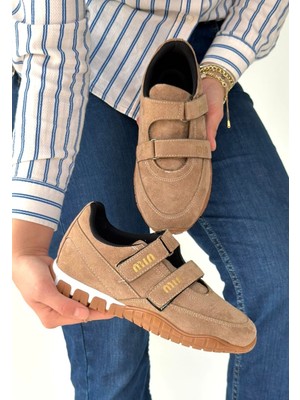 Pabucmarketi Bej Süet Cırtlı Kadın Spor Ayakkabı