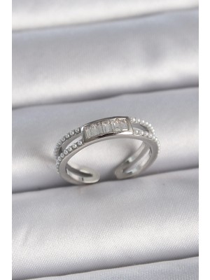 Belle Fusion Mey Ithalat® Pirinç Gümüş Renk Ayarlanabilir Sıralı Incili Zirkon Taşlı Kadın Yüzük