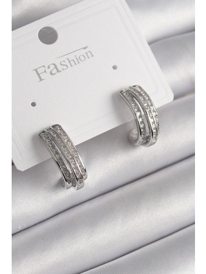 Belle Fusion Mey Ithalat® Pirinç Gümüş Renk Zirkon Taşlı Yarım Halka Model Kadın Küpe