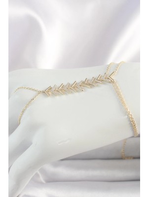 Belle Fusion Mey Ithalat® Pirinç Gold Renk Zirkon Taşlı V Model Kadın Şahmeran