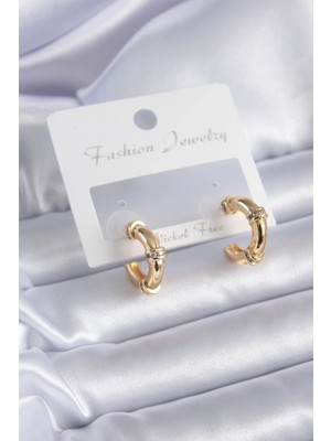 Belle Fusion Mey Ithalat® Gold Renk Zirkon Taş Detay Halka Model Pirinç Kadın Küpe