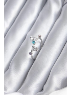 Belle Fusion Mey Ithalat® Gümüş Renk Renkli Zirkon Taşlı Kadın Yüzük