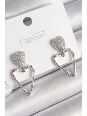 Belle Fusion Mey Ithalat® Pirinç Gümüş Renk Zirkon Taşlı Kalp Model Kadın Küpe