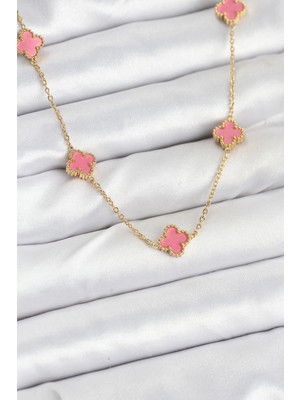 Belle Fusion Mey Ithalat® 316L Çelik Zincir Gold Renk Pembe Baby Boy Yonca Kadın Kolye