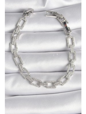 Belle Fusion Mey Ithalat® Pirinç Gümüş Renk Zirkon Taşlı Zincir Model Vıp Seri Kadın Bileklik