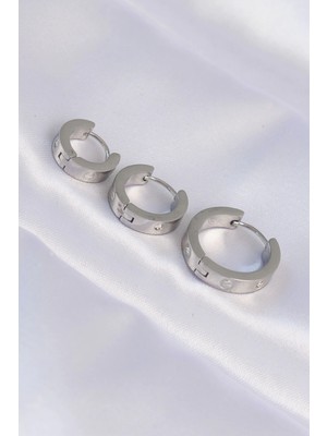 Belle Fusion Mey Ithalat® 316L Çelik Gümüş Renk Zirkon Taşlı Model 3lü Halka Küpe