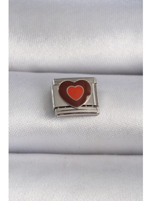 Belle Fusion Mey Ithalat® 316L Çelik Gümüş Renk Kahverengi Kalp Işlemeli Nomination Charm