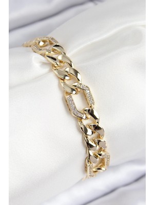 Belle Fusion Mey Ithalat® Vıp Pirinç Zirkon Taşlı Parçalı Zincir Model Gold Renk Kadın Bileklik