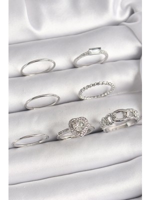 Belle Fusion Mey Ithalat® Pirinç Gümüş Renk Zirkon Taşlı Kalp Model Kadın Yüzük Kombini