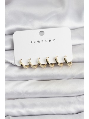 Belle Fusion Mey Ithalat® Gold Renk Pirinç Minimal Petek Detaylı Kadın Küpe Seti