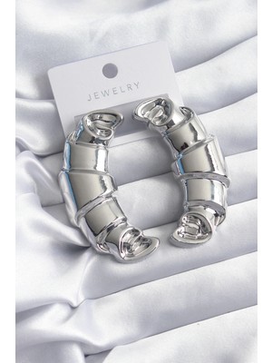 Belle Fusion Mey Ithalat® Pirinç Gümüş Renk Kruvasan Model Kadın Küpe