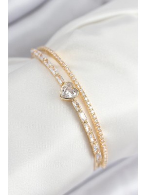 Belle Fusion Mey Ithalat® Pirinç Zirkon Taşlı Kalp Model Gold Renk Kadın Bileklik