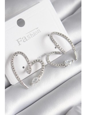 Belle Fusion Mey Ithalat® Pirinç Gümüş Renk Zirkon Taşlı Yılan Kalp Model Kadın Küpe