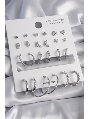 Belle Fusion Mey Ithalat® Pirinç Gümüş Renk 12 Çift Kadın Küpe Seti