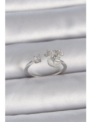 Belle Fusion Mey Ithalat® Pirinç Gümüş Renk Ayarlanabilir Zirkon Taşlı Yıldız Model Kadın Yüzük