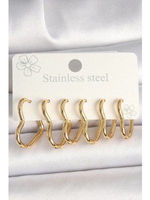 Belle Fusion Mey Ithalat® 316L Çelik Gold Renk Kalp Model Kadın Küpe Seti