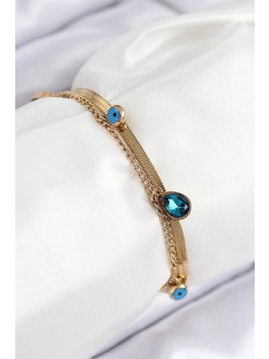 Belle Fusion Mey Ithalat® 316L Çelik Nazar Boncuk Detaylı Mavi Zirkon Taşlı Model Italyan Zincir Gold Renk Kadın Bileklik