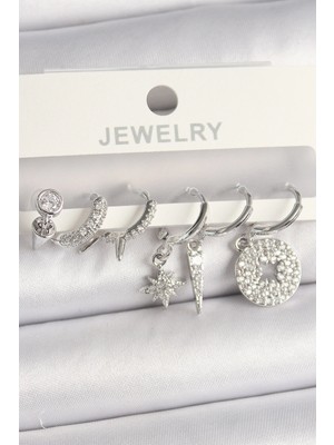 Belle Fusion Mey Ithalat® Pirinç Gümüş Renk Zirkon Taşlı Çoklu Figür Kadın Küpe Seti