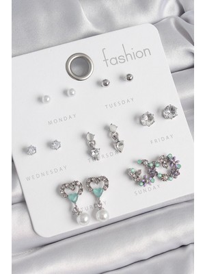 Belle Fusion Mey Ithalat® Pirinç Gümüş Renk Zirkon Taşlı Sallantılı Kalp Model Çiçek Detay 7 Çift Kadın Küpe Seti