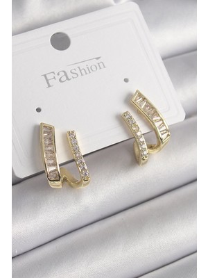 Belle Fusion Mey Ithalat® Pirinç Gold Renk Zirkon Taşlı Kadın Küpe