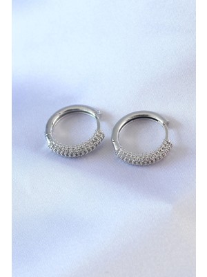 Belle Fusion Mey Ithalat® Gümüş Renk Zirkon Taşlı Halka Model Pirinç Kadın Küpe