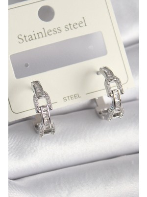 Belle Fusion Mey Ithalat® Pirinç Gümüş Renk Zirkon Taşlı Zincir Model Kadın Küpe