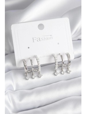 Belle Fusion Mey Ithalat® Pirinç Gümüş Renk Zirkon Taş Detay Incili Kadın Küpe