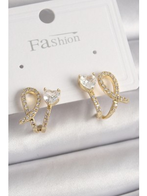 Belle Fusion Mey Ithalat® Pirinç Gold Renk Düğüm Model Zirkon Taşlı Kalp Detay Kadın Küpe