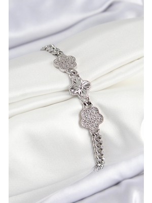 Belle Fusion Mey Ithalat® Pirinç Zirkon Taşlı Yonca Model Gümüş Renk Kadın Bileklik